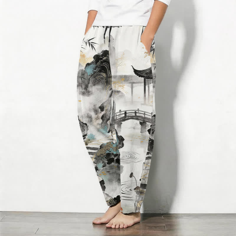 Buddha Stones Herrenhose aus reiner Baumwolle mit Bambus-Landschaftsmuster, Kordelzug und Taschen - image 1