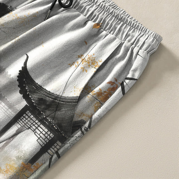 Buddha Stones Herrenhose aus reiner Baumwolle mit Bambus-Landschaftsmuster, Kordelzug und Taschen - image 4