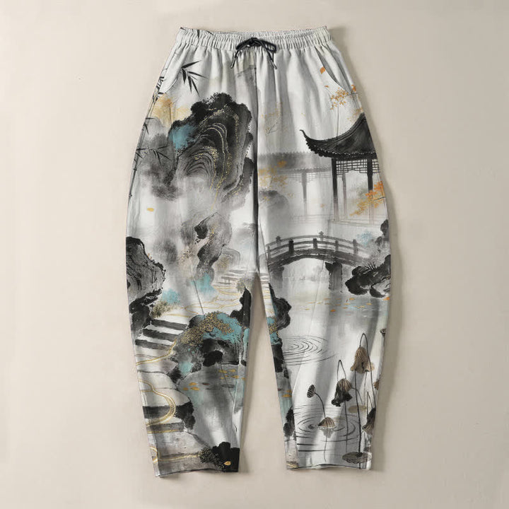 Buddha Stones Herrenhose aus reiner Baumwolle mit Bambus-Landschaftsmuster, Kordelzug und Taschen - image 2