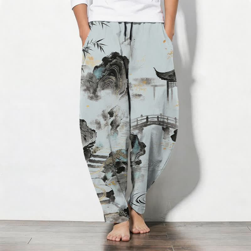 Buddha Stones Herrenhose aus reiner Baumwolle mit Bambus-Landschaftsmuster, Kordelzug und Taschen - Hellblau - US/ UK/AU50, EU60 (5XL) - image 7