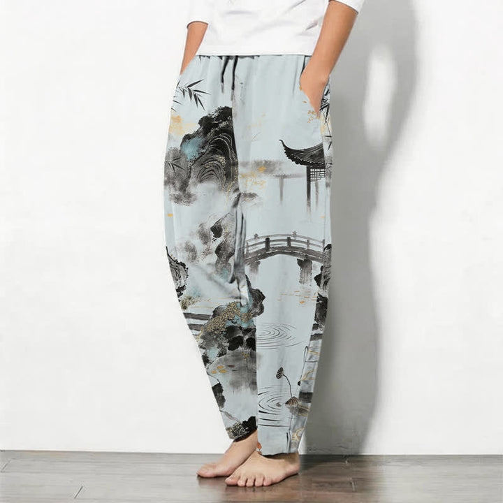 Buddha Stones Herrenhose aus reiner Baumwolle mit Bambus-Landschaftsmuster, Kordelzug und Taschen - image 8