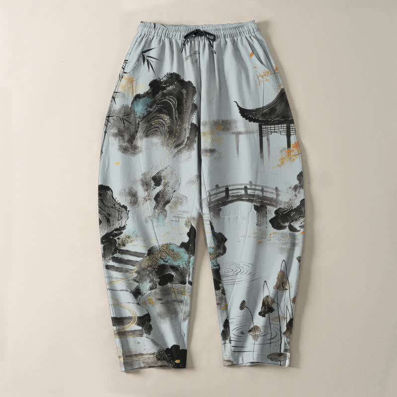 Buddha Stones Herrenhose aus reiner Baumwolle mit Bambus-Landschaftsmuster, Kordelzug und Taschen - image 9