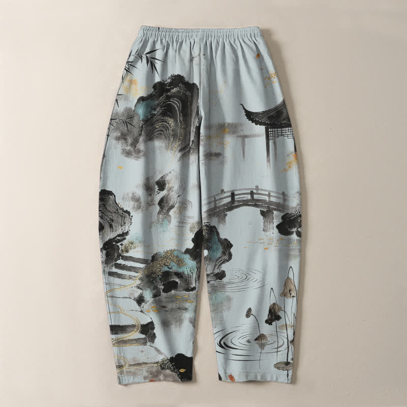 Buddha Stones Herrenhose aus reiner Baumwolle mit Bambus-Landschaftsmuster, Kordelzug und Taschen - image 10