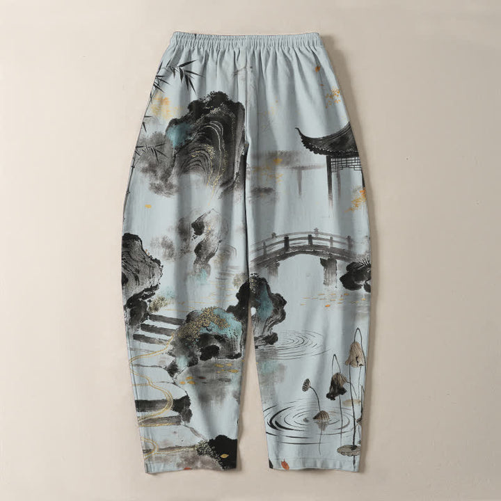 Buddha Stones Herrenhose aus reiner Baumwolle mit Bambus-Landschaftsmuster, Kordelzug und Taschen - image 10