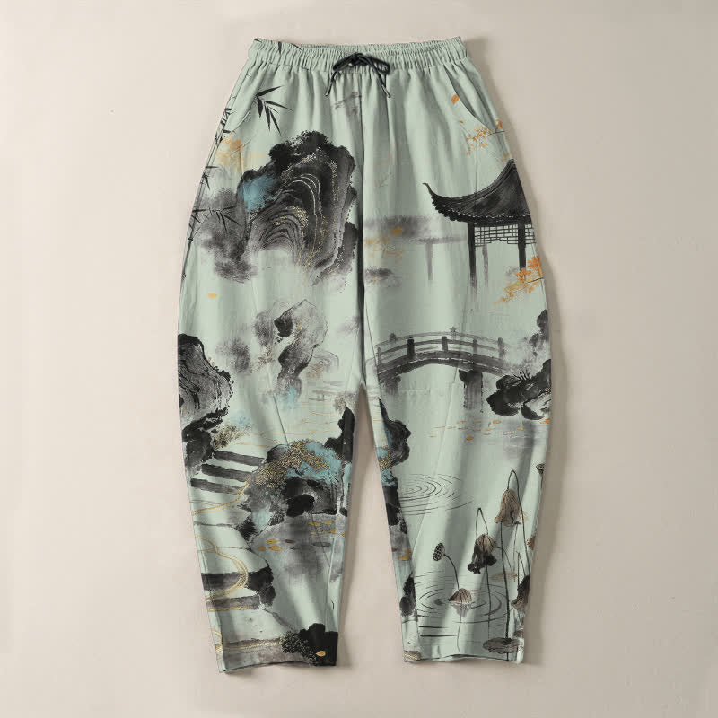 Buddha Stones Herrenhose aus reiner Baumwolle mit Bambus-Landschaftsmuster, Kordelzug und Taschen - image 13