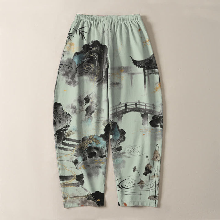 Buddha Stones Herrenhose aus reiner Baumwolle mit Bambus-Landschaftsmuster, Kordelzug und Taschen - image 14