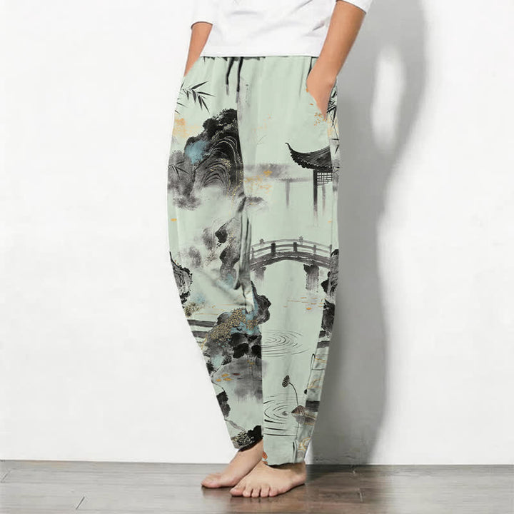 Buddha Stones Herrenhose aus reiner Baumwolle mit Bambus-Landschaftsmuster, Kordelzug und Taschen - image 12