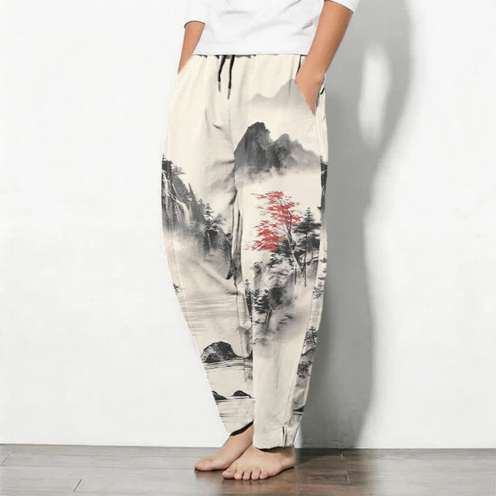 Buddha Stones Herrenhose aus reiner Baumwolle mit Berglandschaftsmuster, Kordelzug und Taschen - image 1