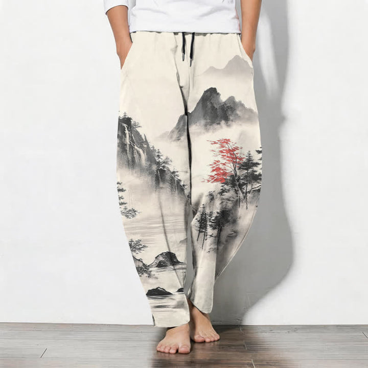 Buddha Stones Herrenhose aus reiner Baumwolle mit Berglandschaftsmuster, Kordelzug und Taschen - Weiß - US/ UK/AU50, EU60 (5XL) - image 0