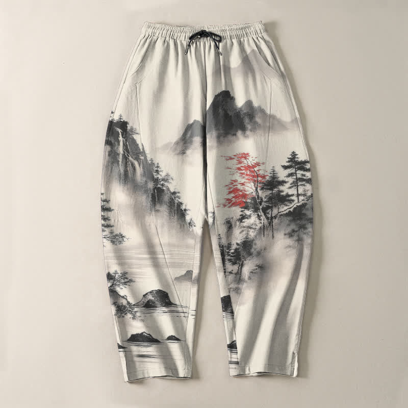 Buddha Stones Herrenhose aus reiner Baumwolle mit Berglandschaftsmuster, Kordelzug und Taschen - image 2