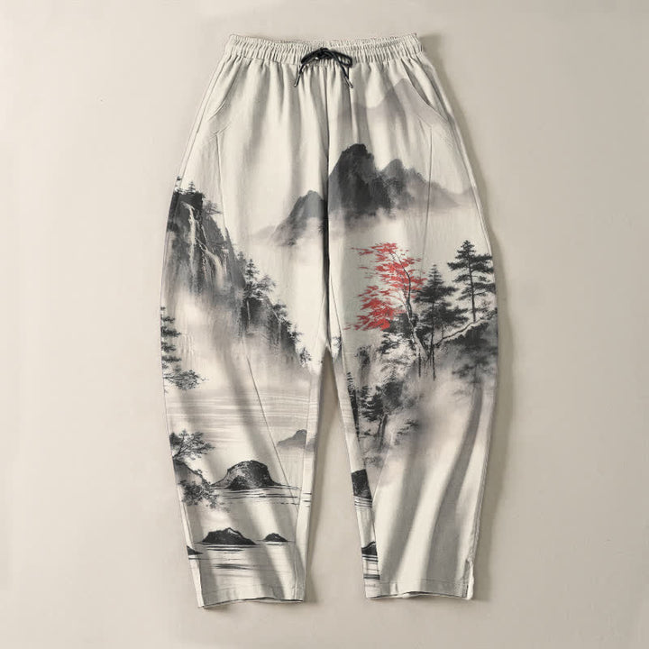 Buddha Stones Herrenhose aus reiner Baumwolle mit Berglandschaftsmuster, Kordelzug und Taschen - image 2