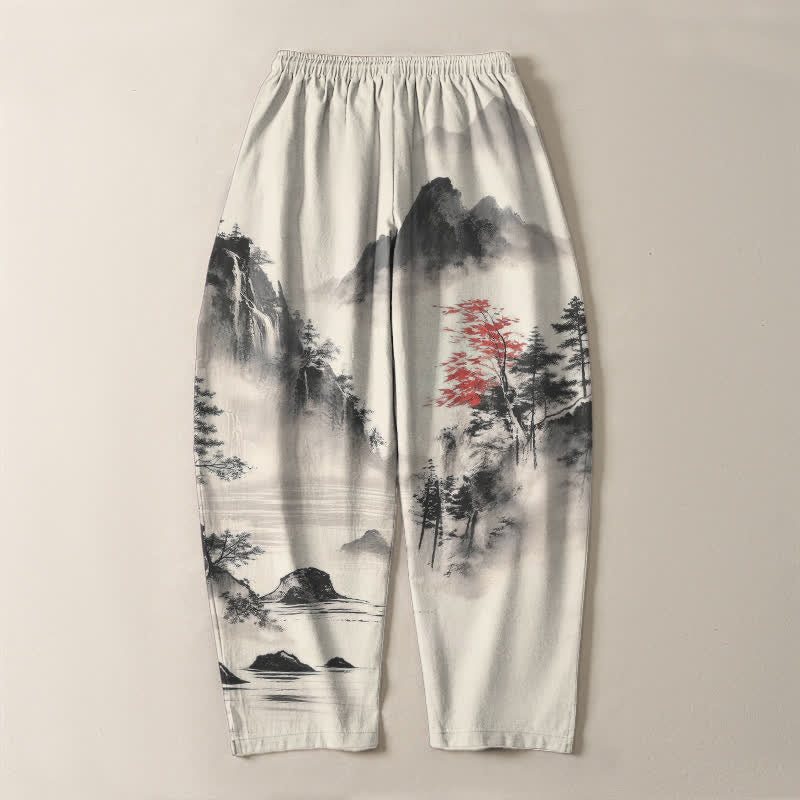 Buddha Stones Herrenhose aus reiner Baumwolle mit Berglandschaftsmuster, Kordelzug und Taschen - image 3