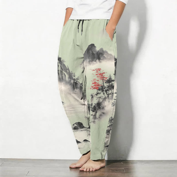 Buddha Stones Herrenhose aus reiner Baumwolle mit Berglandschaftsmuster, Kordelzug und Taschen - image 8