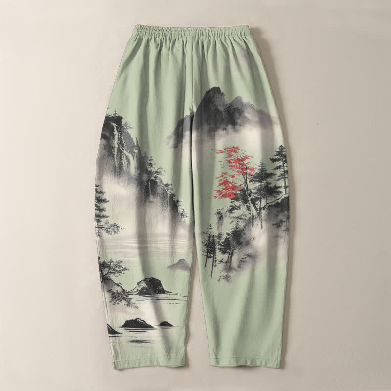 Buddha Stones Herrenhose aus reiner Baumwolle mit Berglandschaftsmuster, Kordelzug und Taschen - image 10