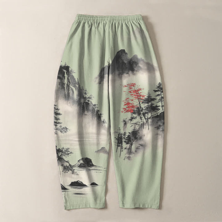 Buddha Stones Herrenhose aus reiner Baumwolle mit Berglandschaftsmuster, Kordelzug und Taschen - image 10