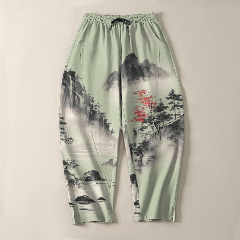 Buddha Stones Herrenhose aus reiner Baumwolle mit Berglandschaftsmuster, Kordelzug und Taschen - image 9