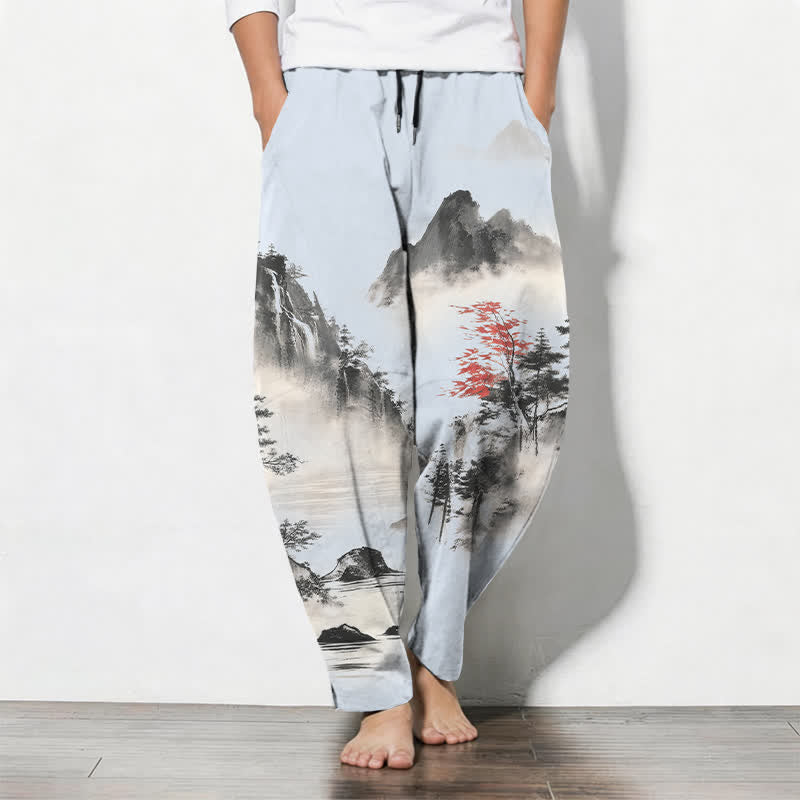 Buddha Stones Herrenhose aus reiner Baumwolle mit Berglandschaftsmuster, Kordelzug und Taschen - Hellblau - US/ UK/AU50, EU60 (5XL) - image 11