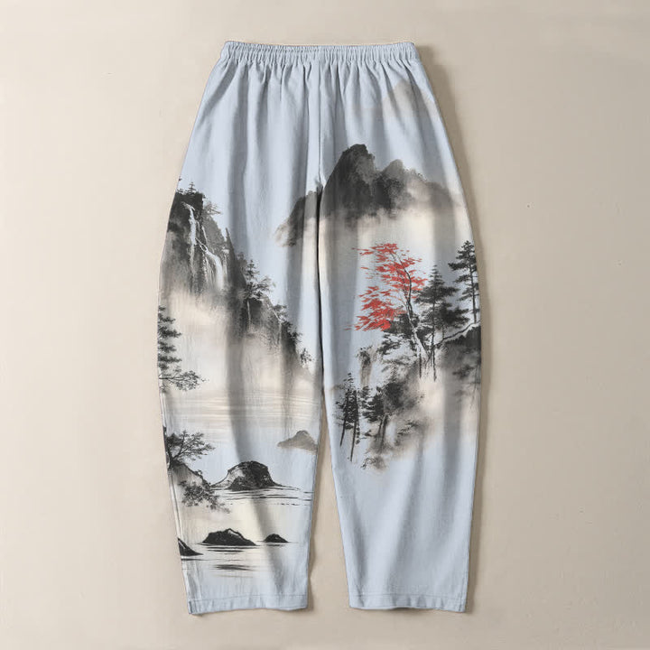 Buddha Stones Herrenhose aus reiner Baumwolle mit Berglandschaftsmuster, Kordelzug und Taschen - image 14