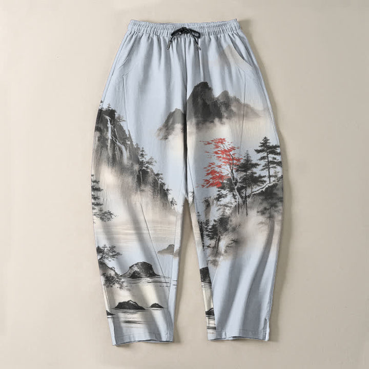 Buddha Stones Herrenhose aus reiner Baumwolle mit Berglandschaftsmuster, Kordelzug und Taschen - image 13