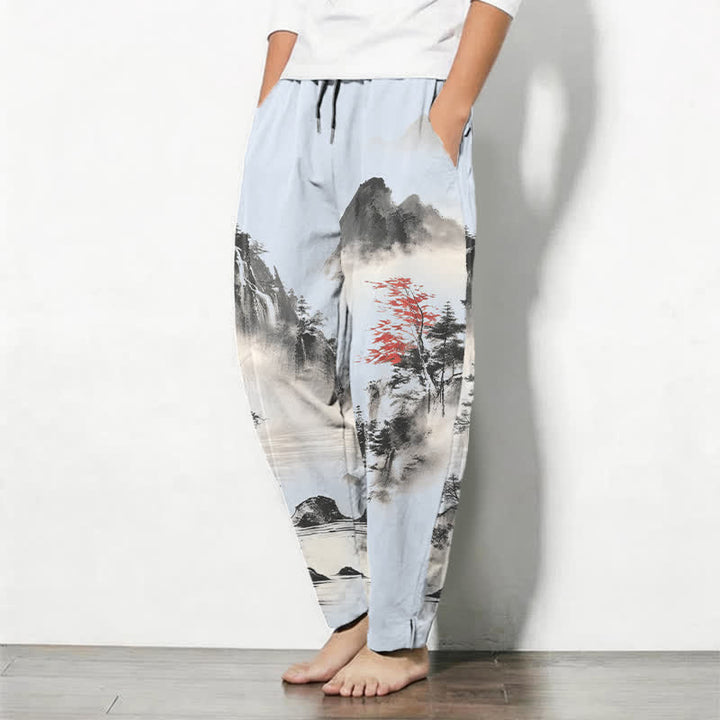 Buddha Stones Herrenhose aus reiner Baumwolle mit Berglandschaftsmuster, Kordelzug und Taschen - image 12