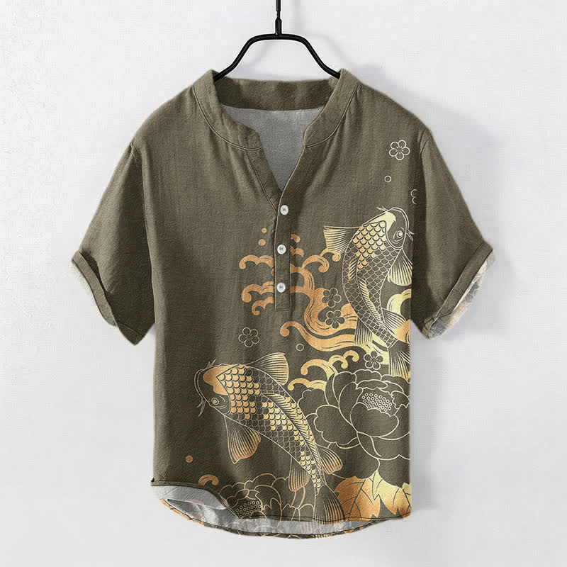 Buddha Stones Herrenhemd aus Baumwolle mit Koi-Fisch- und Pfingstrosenmuster, Kurzarm, halbe Knopfleiste - Dunkelkhaki - US/ UK/AU50, EU60 (5XL) - image 0