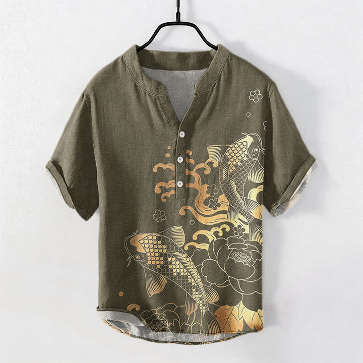 Buddha Stones Herrenhemd aus Baumwolle mit Koi-Fisch- und Pfingstrosenmuster, Kurzarm, halbe Knopfleiste - Dunkelkhaki - US/ UK/AU50, EU60 (5XL) - image 0