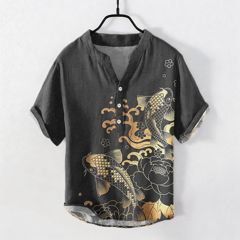 Buddha Stones Herrenhemd aus Baumwolle mit Koi-Fisch- und Pfingstrosenmuster, Kurzarm, halbe Knopfleiste - DimGray - US/ UK/AU50, EU60 (5XL) - image 5