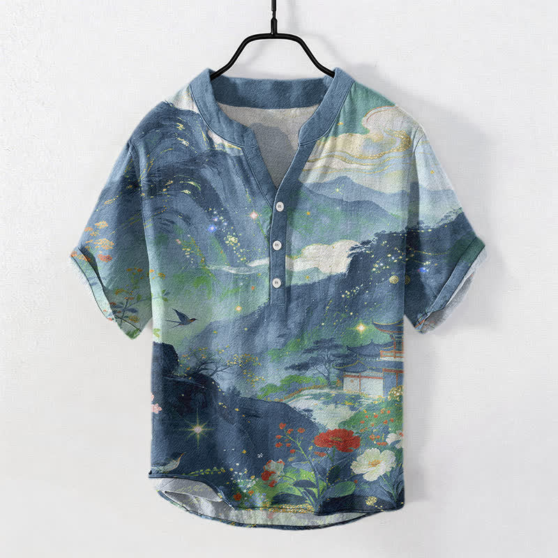 Buddha Stones Herrenhemd aus Baumwolle mit Landschaftsmuster, Kurzarm, halbe Knopfleiste und Tintenwäsche - Kadettenblau - US/ UK/AU50, EU60 (5XL) - image 0