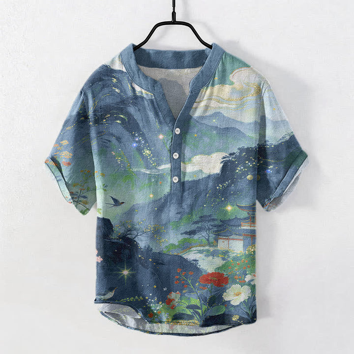 Buddha Stones Herrenhemd aus Baumwolle mit Landschaftsmuster, Kurzarm, halbe Knopfleiste und Tintenwäsche - Kadettenblau - US/ UK/AU50, EU60 (5XL) - image 0