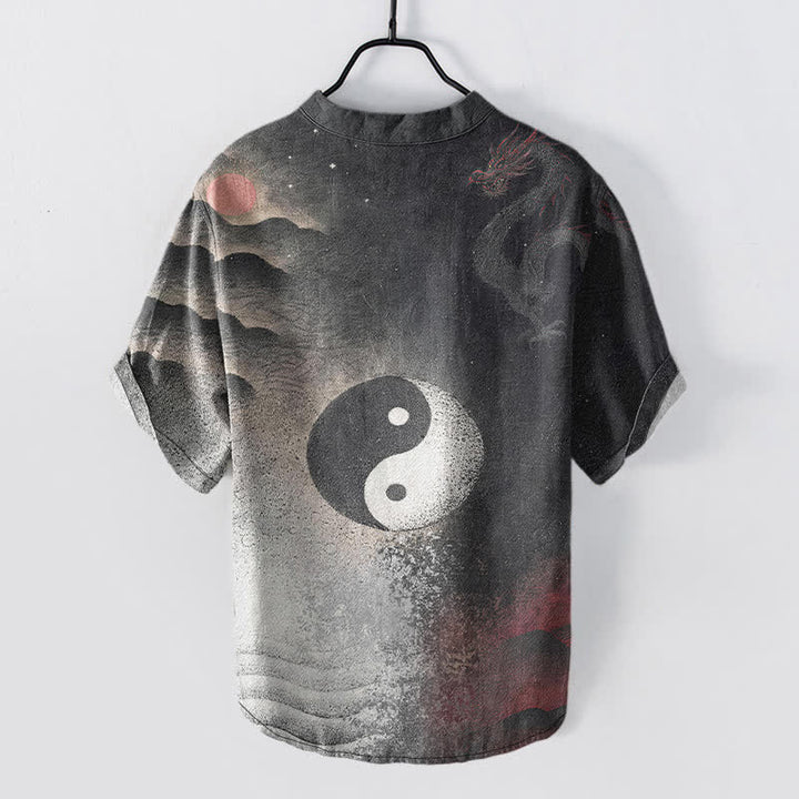Buddha Stones Kurzarmhemd aus Baumwolle mit Yin-Yang-Wolkenmuster, halbknöpfig, Herrenhemd, Kurzarm, halbknöpfig - image 1