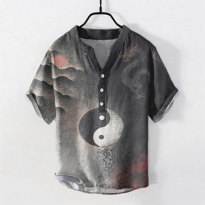Buddha Stones Kurzarmhemd aus Baumwolle mit Yin-Yang-Wolkenmuster, halbknöpfig, Herrenhemd, Kurzarm, halbknöpfig - Schwarz - US/ UK/AU50, EU60 (5XL) - image 0