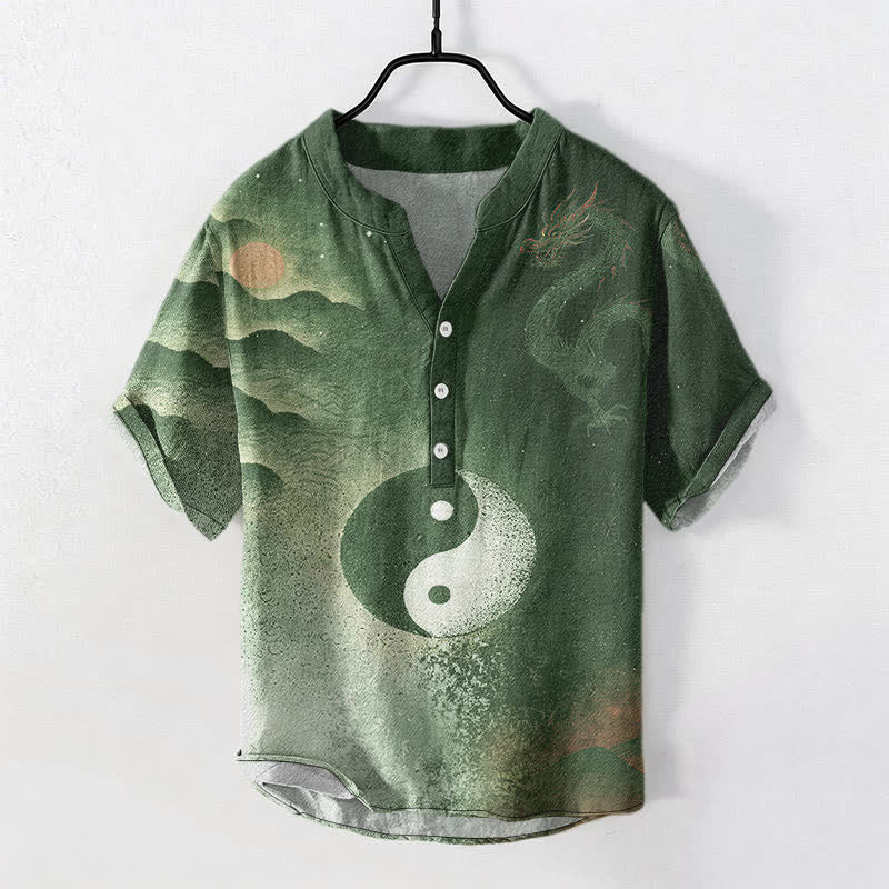 Buddha Stones Kurzarmhemd aus Baumwolle mit Yin-Yang-Wolkenmuster, halbknöpfig, Herrenhemd, Kurzarm, halbknöpfig - Dunkelolivgrün - US/ UK/AU50, EU60 (5XL) - image 7