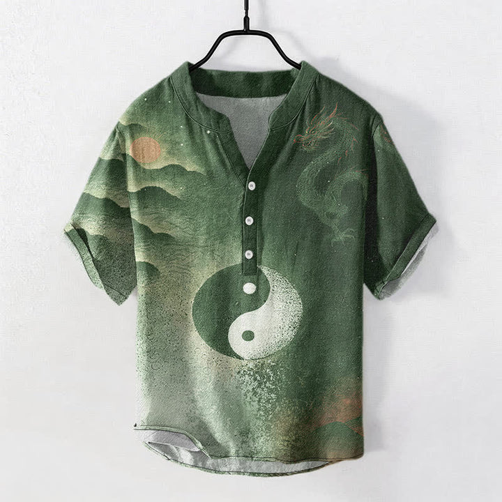 Buddha Stones Kurzarmhemd aus Baumwolle mit Yin-Yang-Wolkenmuster, halbknöpfig, Herrenhemd, Kurzarm, halbknöpfig - Dunkelolivgrün - US/ UK/AU50, EU60 (5XL) - image 7