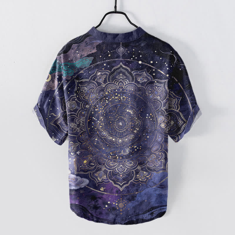 Buddha Stones Kurzarmhemd aus Baumwolle mit goldenem Mandala-Galaxie-Muster, halb geknöpft, Herren, Kurzarm, Herrenhemd mit halber Knopfleiste - image 1