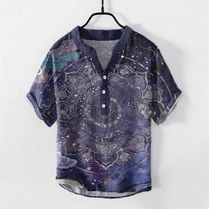 Buddha Stones Kurzarmhemd aus Baumwolle mit goldenem Mandala-Galaxie-Muster, halb geknöpft, Herren, Kurzarm, Herrenhemd mit halber Knopfleiste - Dunkelblau - US/ UK/AU50, EU60 (5XL) - image 0