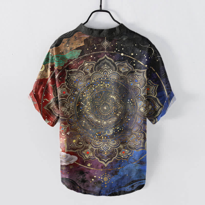 Buddha Stones Kurzarmhemd aus Baumwolle mit goldenem Mandala-Galaxie-Muster, halb geknöpft, Herren, Kurzarm, Herrenhemd mit halber Knopfleiste - image 6