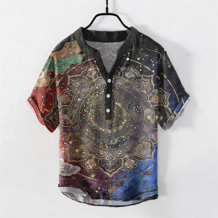 Buddha Stones Kurzarmhemd aus Baumwolle mit goldenem Mandala-Galaxie-Muster, halb geknöpft, Herren, Kurzarm, Herrenhemd mit halber Knopfleiste - Mehrfarbig - US/ UK/AU50, EU60 (5XL) - image 5