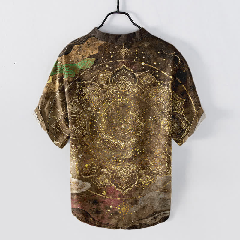 Buddha Stones Kurzarmhemd aus Baumwolle mit goldenem Mandala-Galaxie-Muster, halb geknöpft, Herren, Kurzarm, Herrenhemd mit halber Knopfleiste - image 8