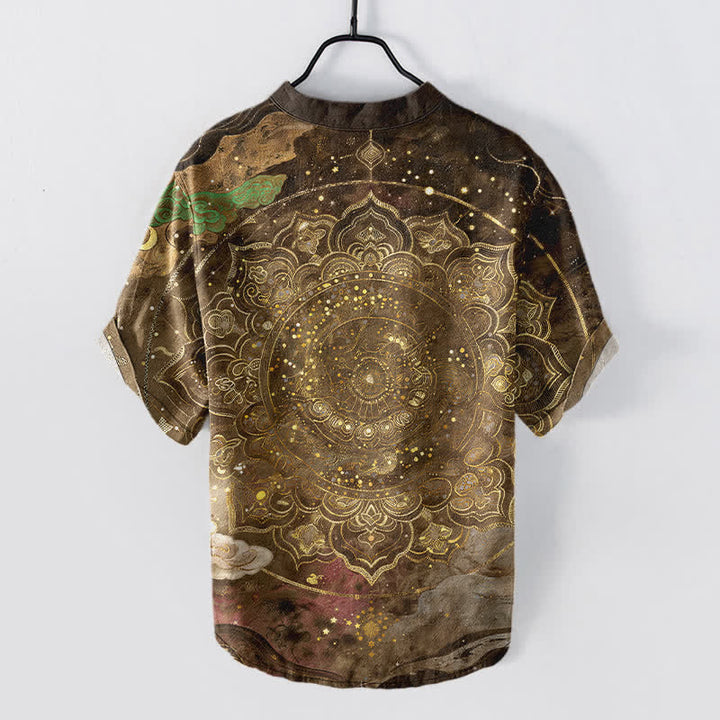 Buddha Stones Kurzarmhemd aus Baumwolle mit goldenem Mandala-Galaxie-Muster, halb geknöpft, Herren, Kurzarm, Herrenhemd mit halber Knopfleiste - image 8