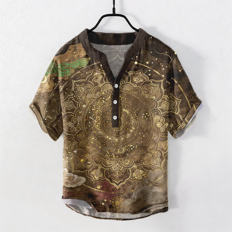 Buddha Stones Kurzarmhemd aus Baumwolle mit goldenem Mandala-Galaxie-Muster, halb geknöpft, Herren, Kurzarm, Herrenhemd mit halber Knopfleiste - Dunkelgoldenrod - US/ UK/AU50, EU60 (5XL) - image 7