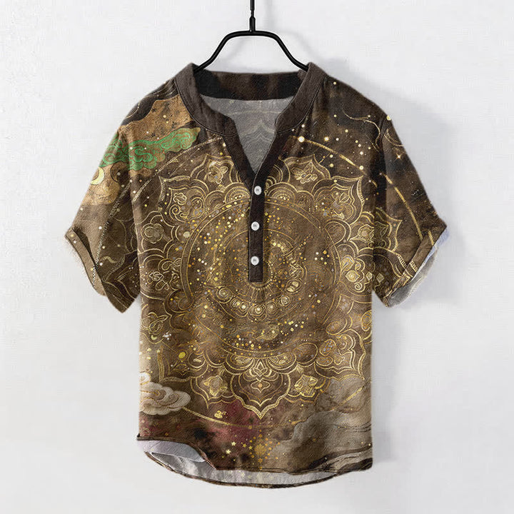 Buddha Stones Kurzarmhemd aus Baumwolle mit goldenem Mandala-Galaxie-Muster, halb geknöpft, Herren, Kurzarm, Herrenhemd mit halber Knopfleiste - Dunkelgoldenrod - US/ UK/AU50, EU60 (5XL) - image 7