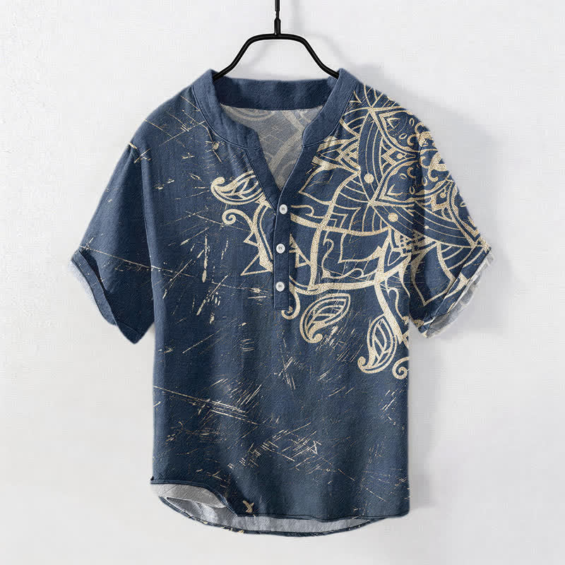 Buddha Stones Baumwollhemd im Vintage-Stil mit Mandala-Blumenmuster, Kurzarm, halbe Knopfleiste, Herrenhemd - Marine - US/ UK/AU50, EU60 (5XL) - image 0
