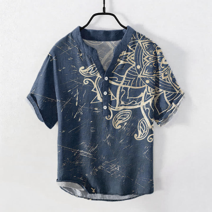 Buddha Stones Baumwollhemd im Vintage-Stil mit Mandala-Blumenmuster, Kurzarm, halbe Knopfleiste, Herrenhemd - Marine - US/ UK/AU50, EU60 (5XL) - image 0