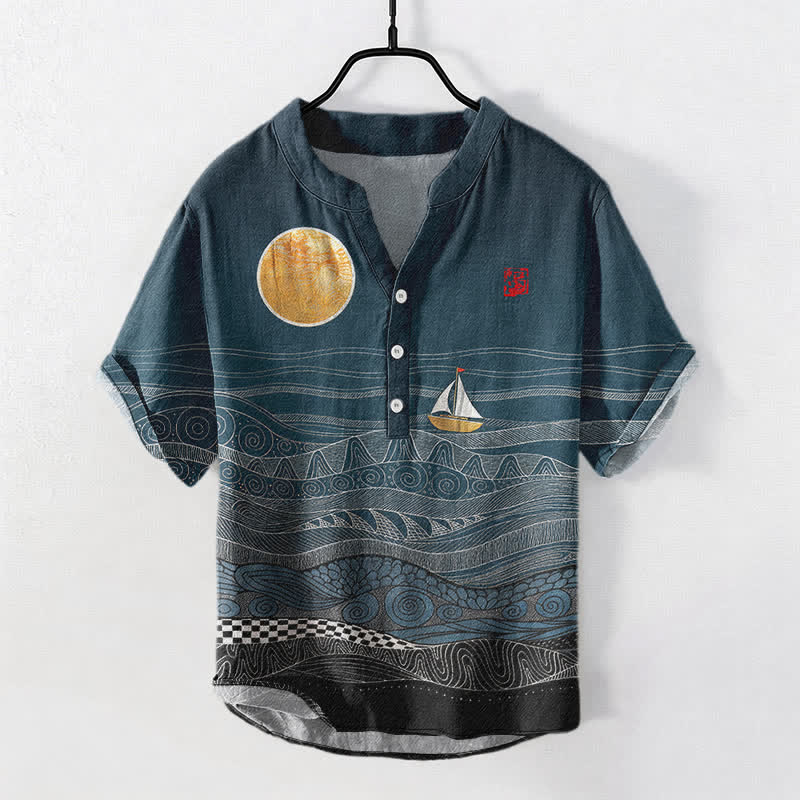 Buddha Stones Kurzarmhemd aus Baumwolle mit Segelbootmuster und halber Knopfleiste, Herren, Kurzarm, Baumwolle, Kurzarm, mit halbem Knopfverschluss - Türkis - US/ UK/AU50, EU60 (5XL) - image 0