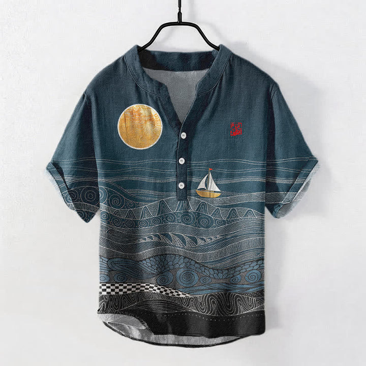 Buddha Stones Kurzarmhemd aus Baumwolle mit Segelbootmuster und halber Knopfleiste, Herren, Kurzarm, Baumwolle, Kurzarm, mit halbem Knopfverschluss - Türkis - US/ UK/AU50, EU60 (5XL) - image 0