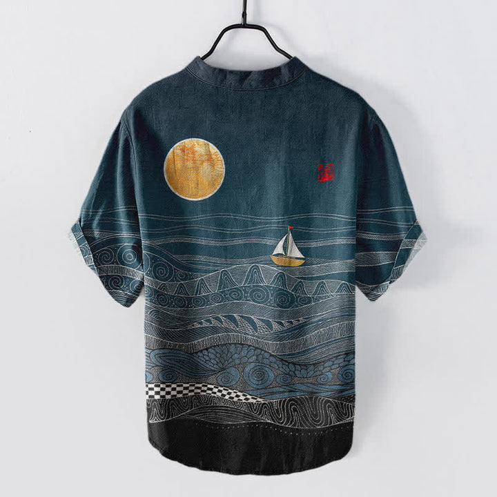 Buddha Stones Kurzarmhemd aus Baumwolle mit Segelbootmuster und halber Knopfleiste, Herren, Kurzarm, Baumwolle, Kurzarm, mit halbem Knopfverschluss - image 1