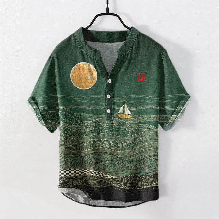 Buddha Stones Kurzarmhemd aus Baumwolle mit Segelbootmuster und halber Knopfleiste, Herren, Kurzarm, Baumwolle, Kurzarm, mit halbem Knopfverschluss - Waldgrün - US/ UK/AU50, EU60 (5XL) - image 5