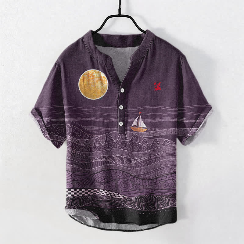 Buddha Stones Kurzarmhemd aus Baumwolle mit Segelbootmuster und halber Knopfleiste, Herren, Kurzarm, Baumwolle, Kurzarm, mit halbem Knopfverschluss - Lila - US/ UK/AU50, EU60 (5XL) - image 7