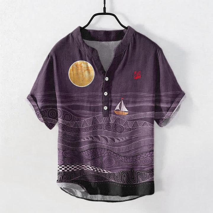 Buddha Stones Kurzarmhemd aus Baumwolle mit Segelbootmuster und halber Knopfleiste, Herren, Kurzarm, Baumwolle, Kurzarm, mit halbem Knopfverschluss - Lila - US/ UK/AU50, EU60 (5XL) - image 7