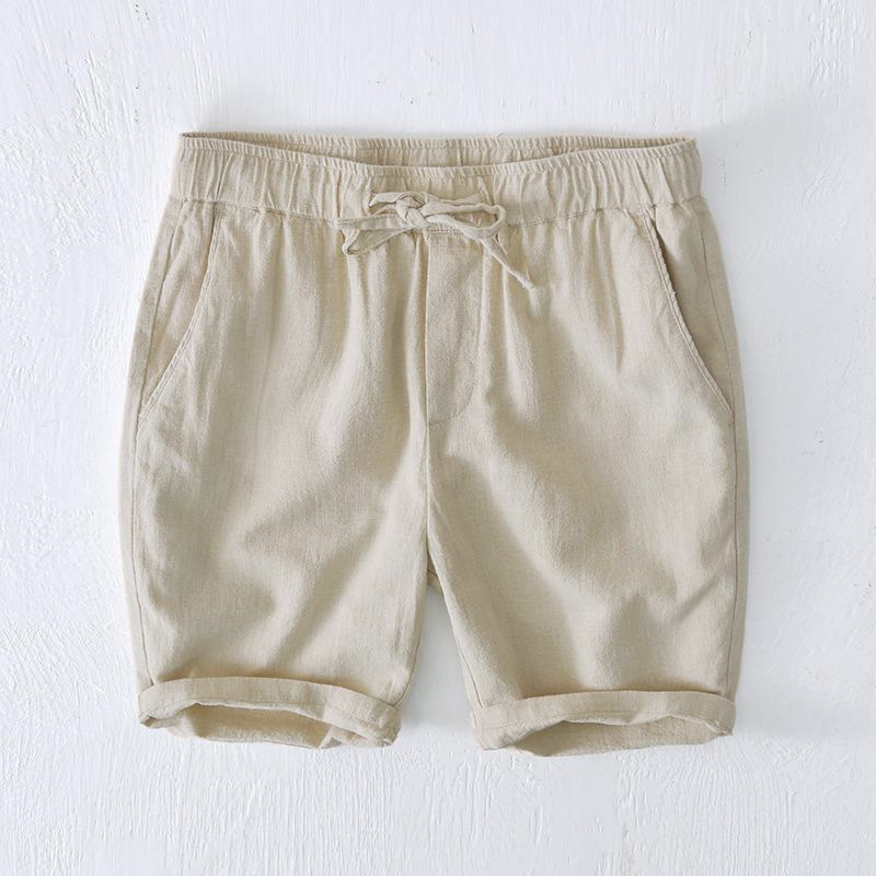 Buddha Stones Sommer-Shorts für Herren aus Ramie-Leinen-Baumwolle, einfarbig, mit Kordelzug und elastischem Bund, mit Taschen - Beige - US/UK/AU44, EU54 (4XL) - image 0